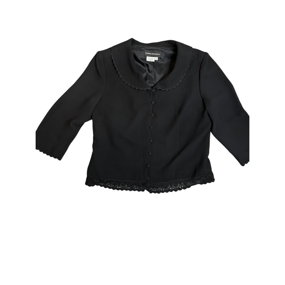 Donna Morgan Black Crochet‎ Lace Trim Blouse Peter Pan Collar Button Up Size 12